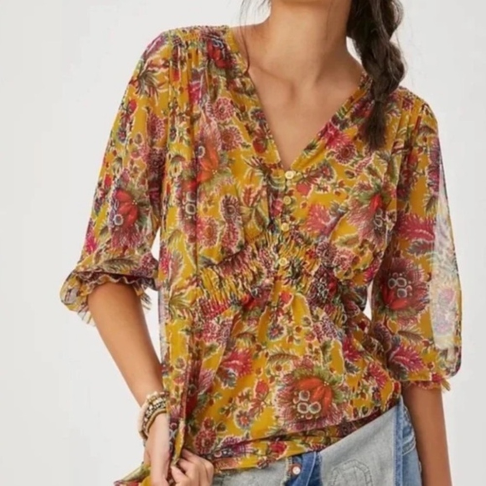 Anthropologie Gretchen Smocked Sheer Mesh Floral Peasant Blouse Top Mustard XS